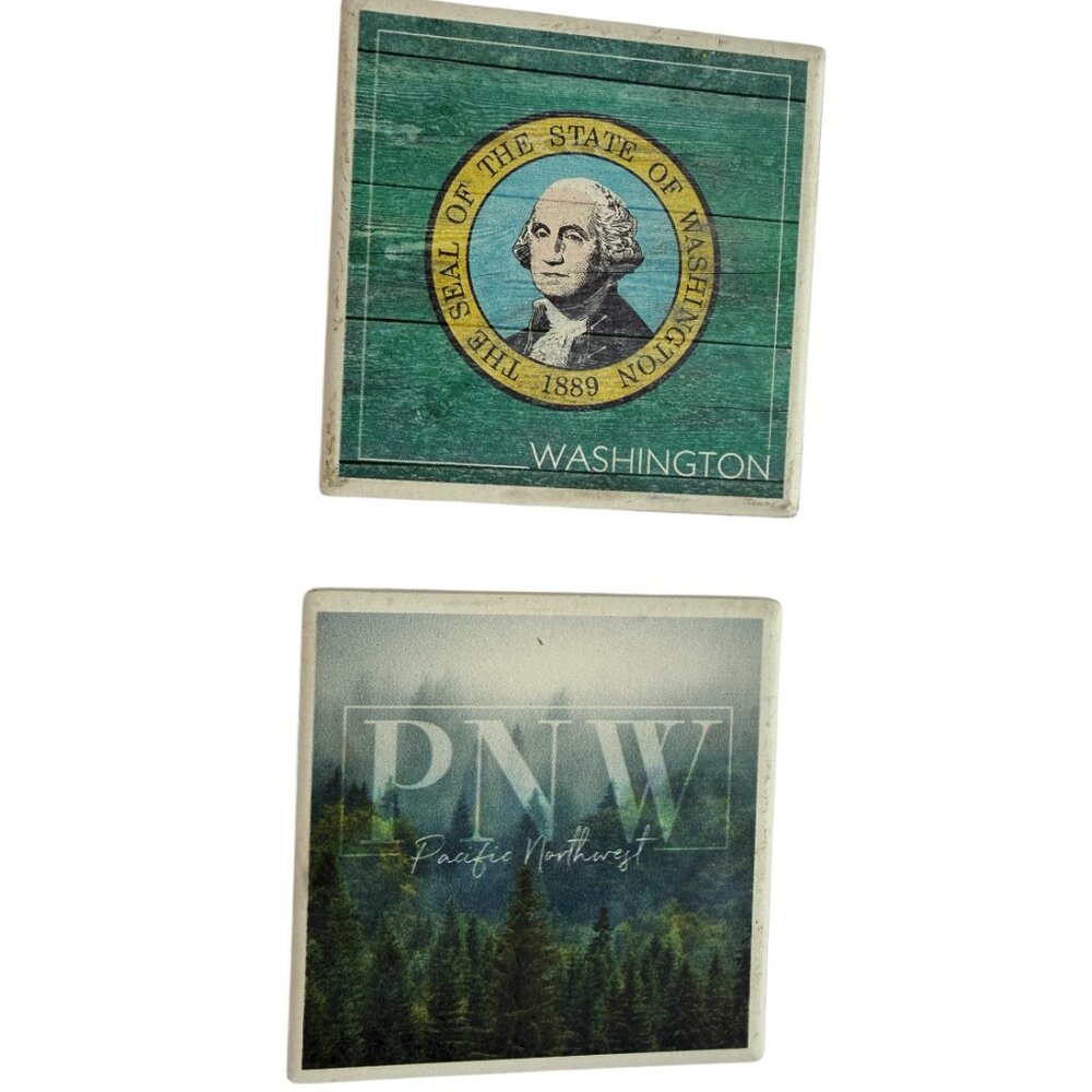 Set of 2 Stone Coasters.  Lantern Press.  WA State Seal; PNW Pacific Northwest